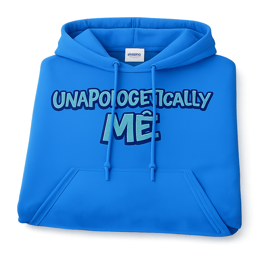 Blue hoodie with text on a white background