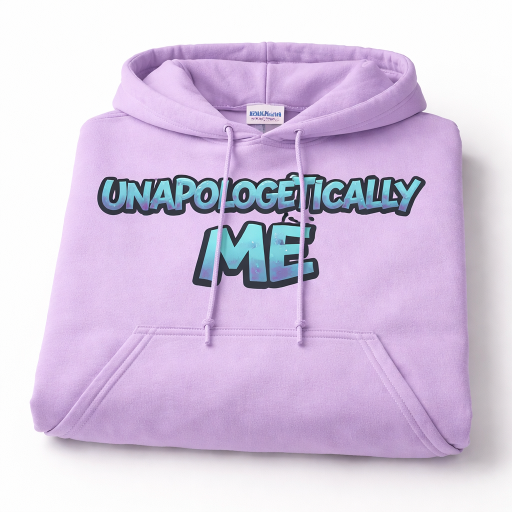 Purple hoodie with 'UNAPOLOGETICALLY ME' text on a white background