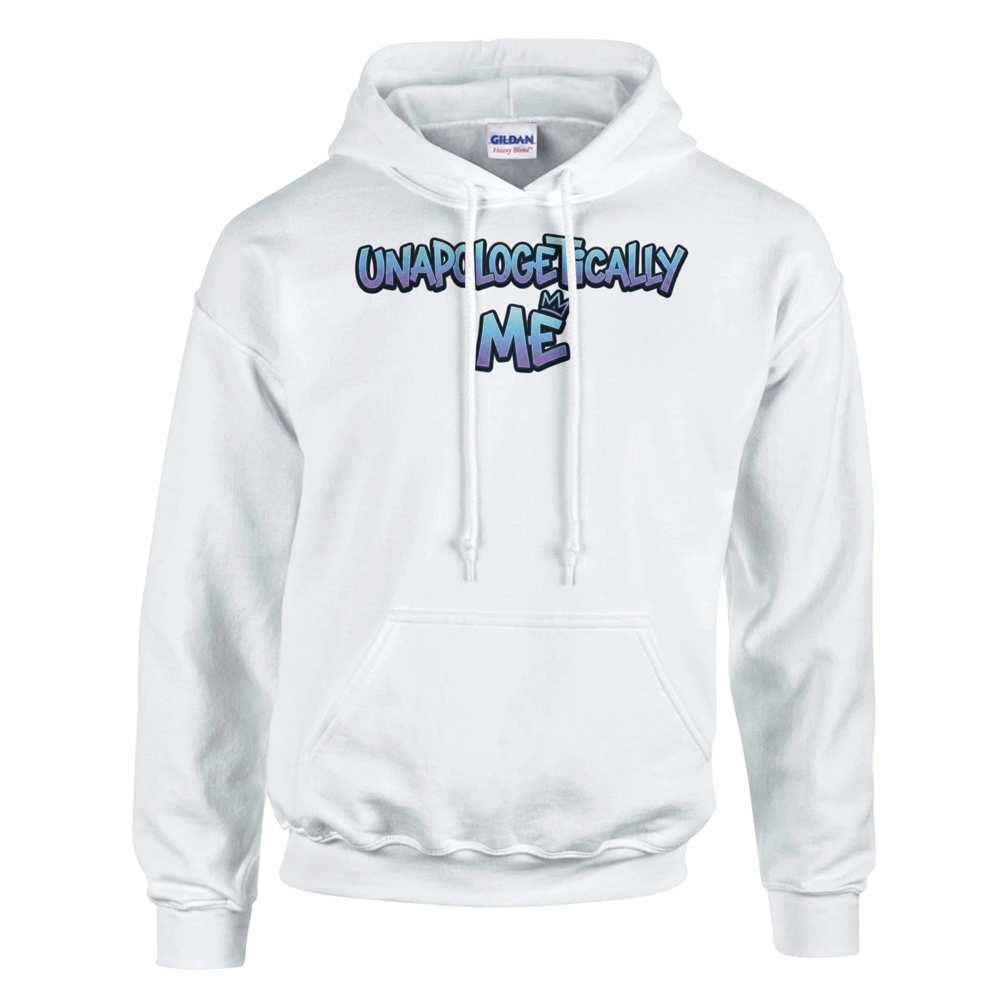 White hoodie with text design on a white background