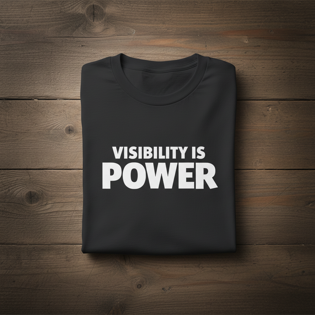 Black t-shirt with 'Visibility is Power' text on a wooden surface