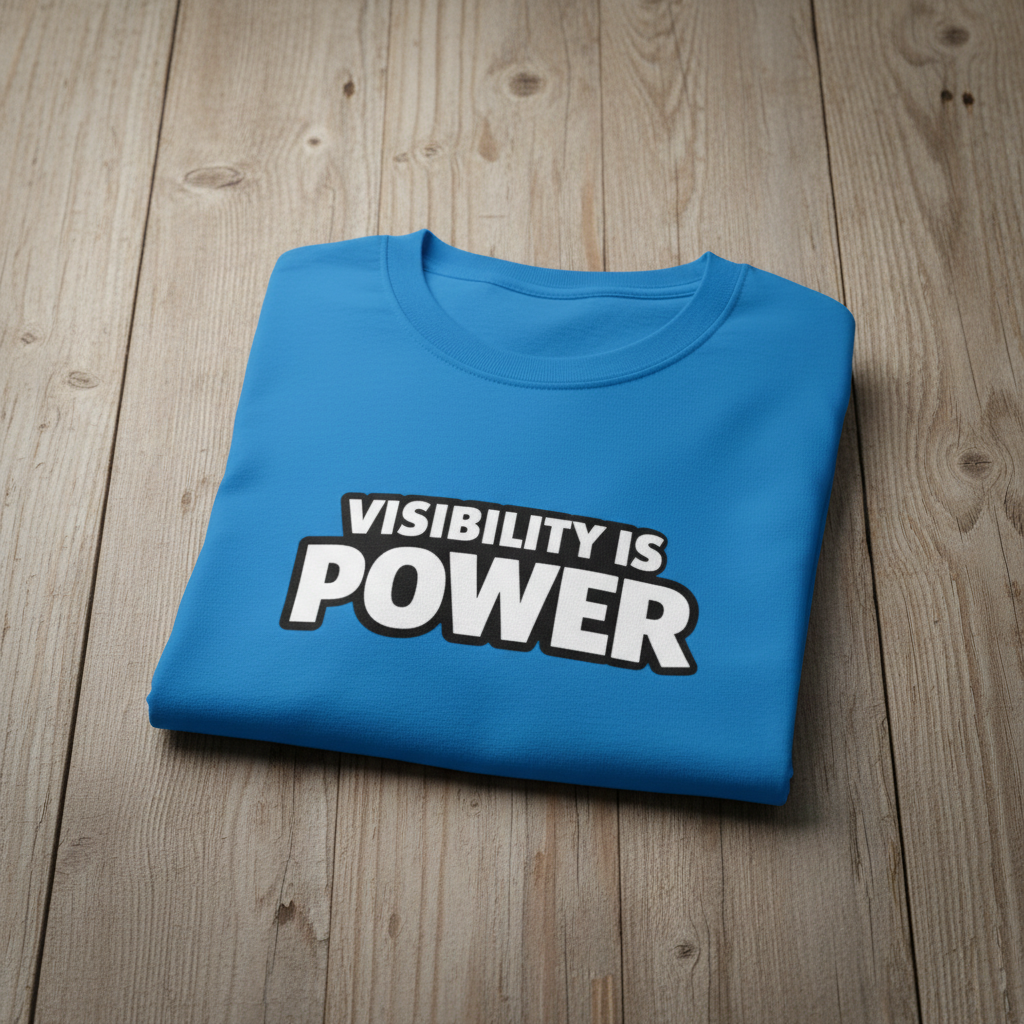 Folded blue t-shirt with 'Visibility is Power' text on a wooden surface