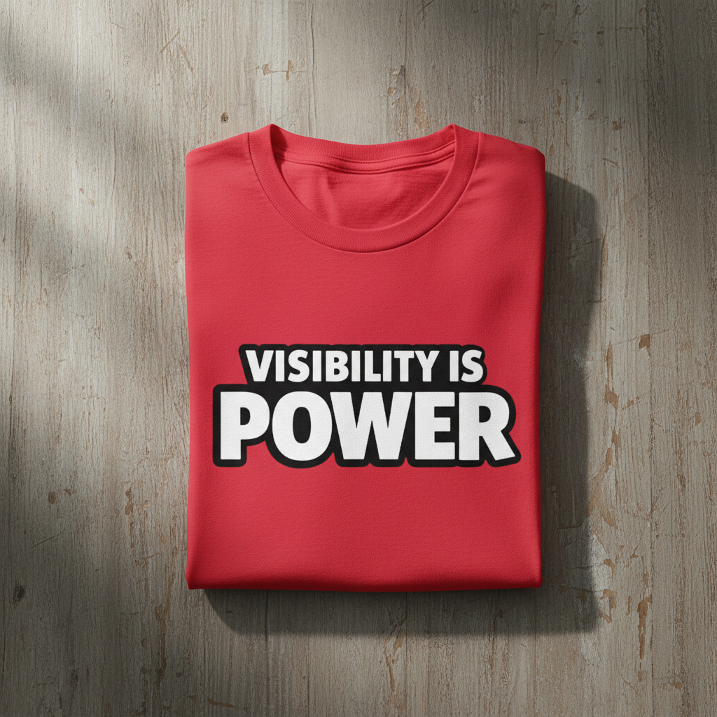 Folded red t-shirt with 'VISIBILITY IS POWER' text on a wooden surface