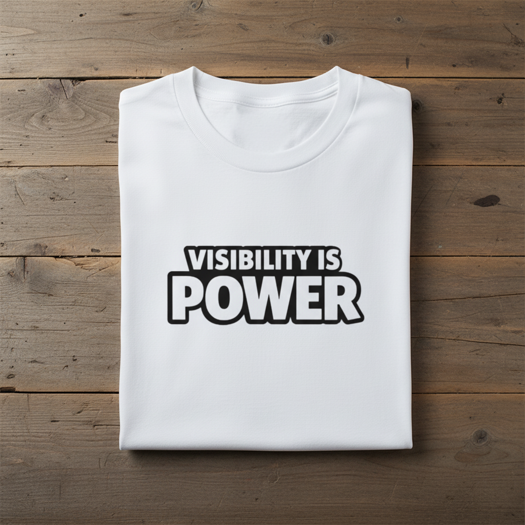 White t-shirt with 'Visibility is Power' text on a wooden surface