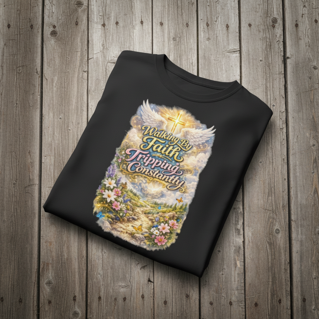 Black sweatshirt with colorful graphic design on a wooden surface