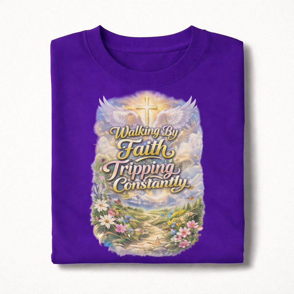 Purple t-shirt with a graphic design featuring a cross, wings, and text on a white background