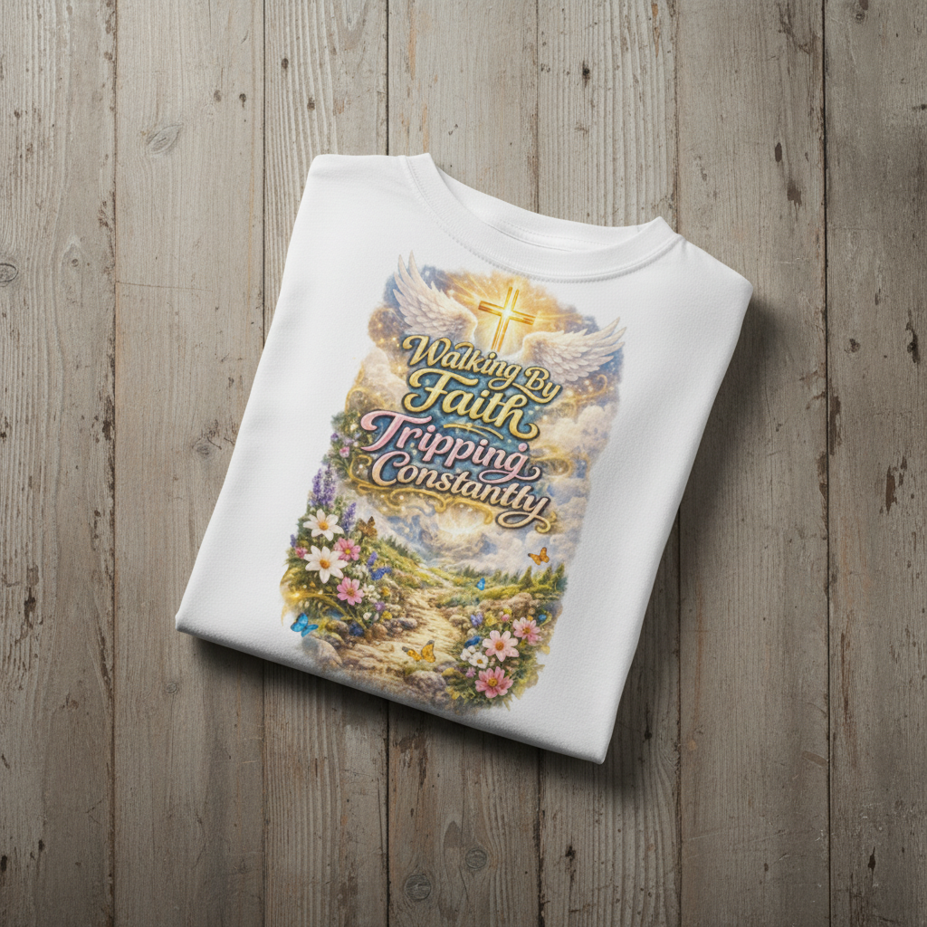 White sweatshirt with a colorful graphic and text on a wooden surface