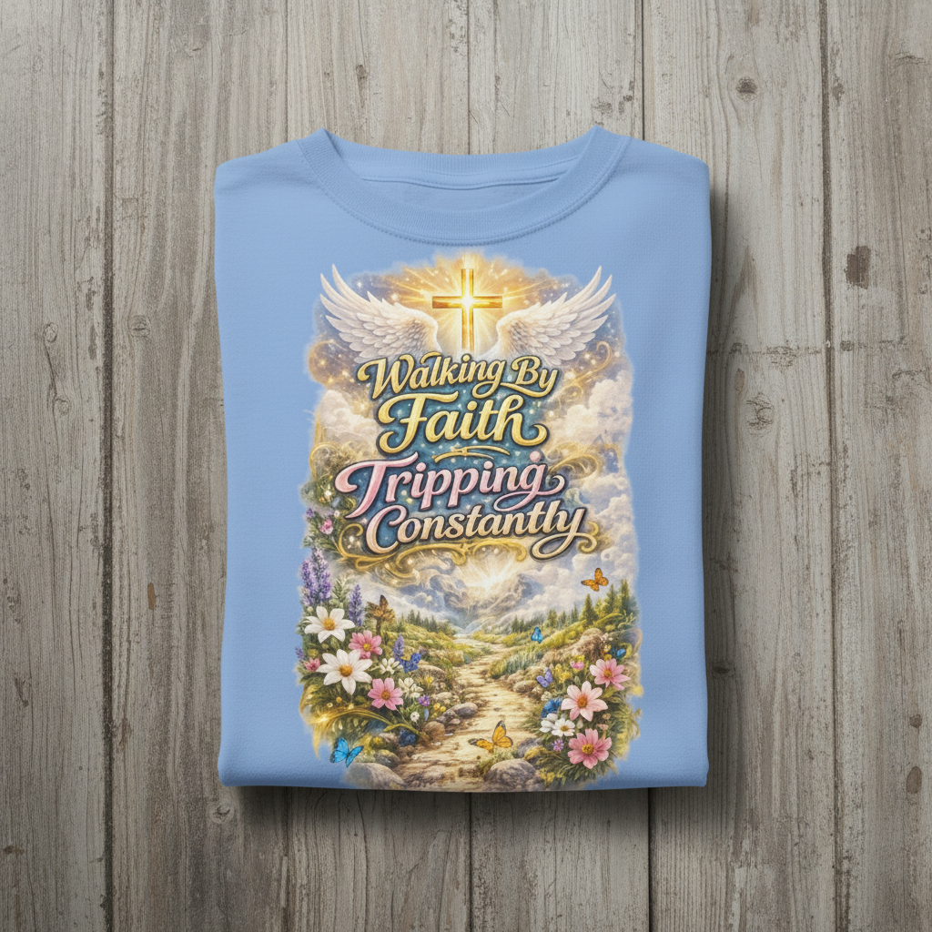 Light blue t-shirt with a graphic design featuring a cross, wings, and a path with flowers on a wooden surface.