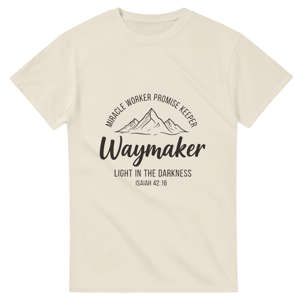 Beige t-shirt with motivational text and mountain graphic on a white background