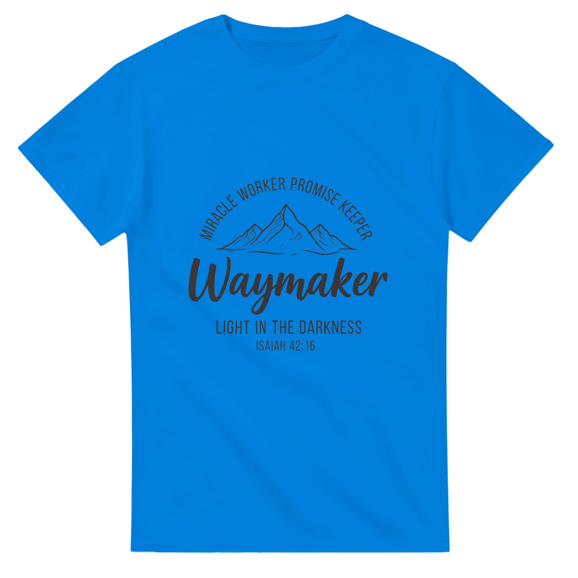 Blue t-shirt with motivational text and mountain graphic on a white background