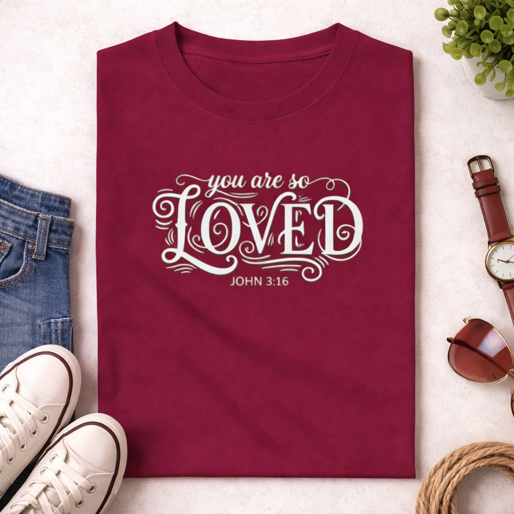 Maroon t-shirt with 'you are so loved' text on a light surface with accessories.