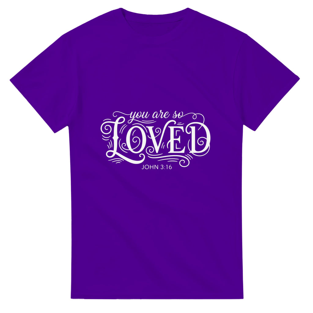 Purple t-shirt with 'you are so LOVED' text on a white background