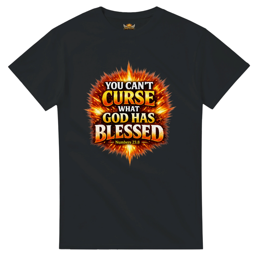 Black t-shirt with fiery graphic and text on a white background