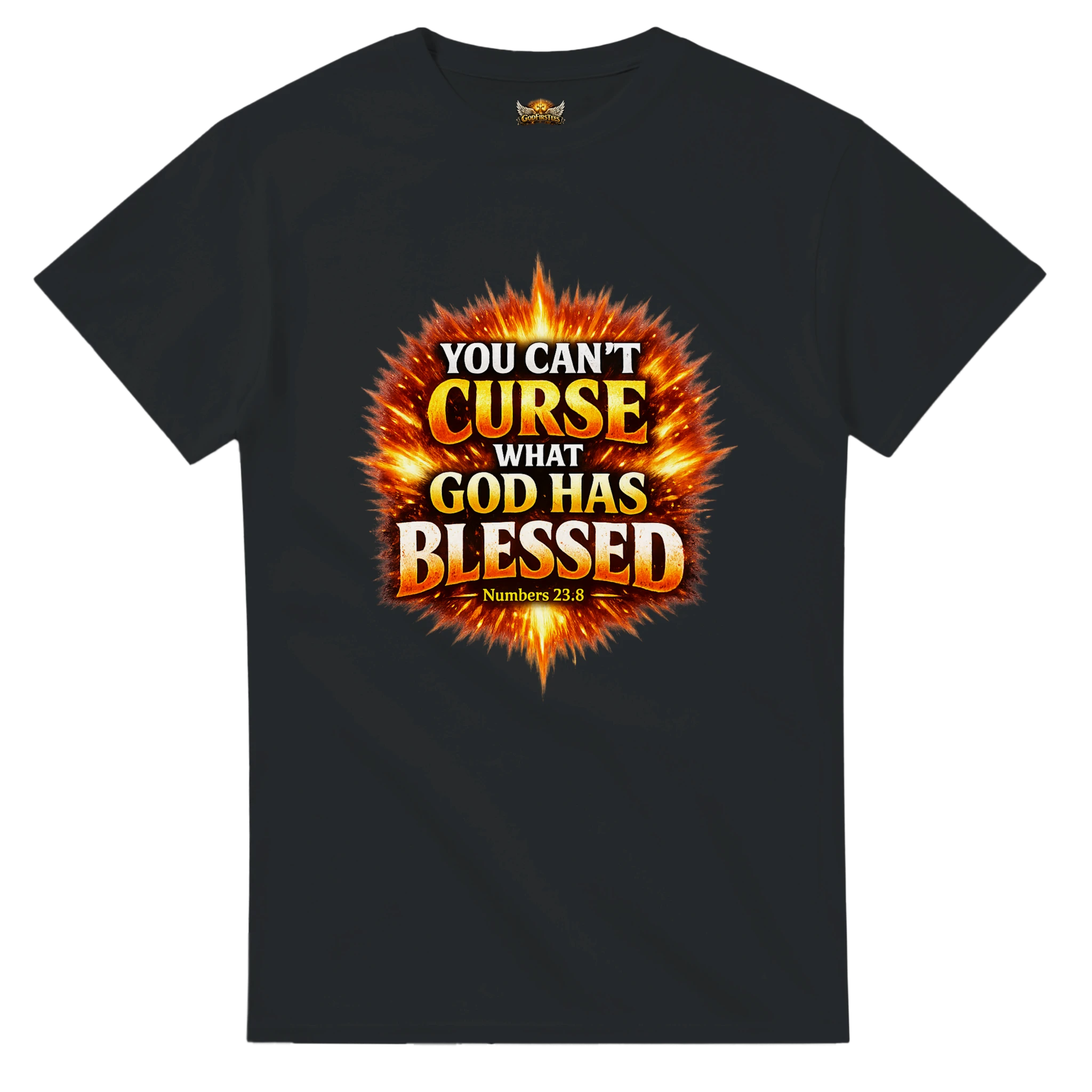 Black t-shirt with fiery graphic and text on a white background