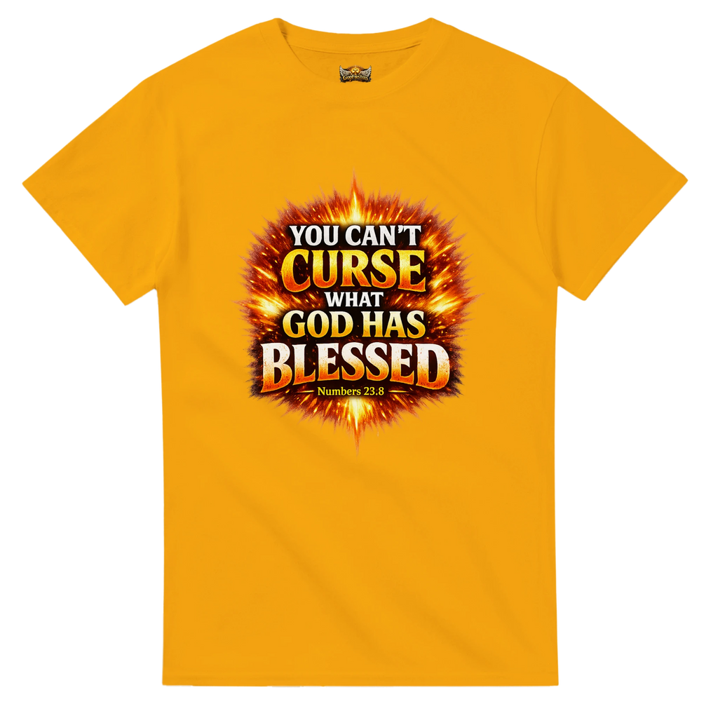 Gold t-shirt with motivational quote graphic on a white background