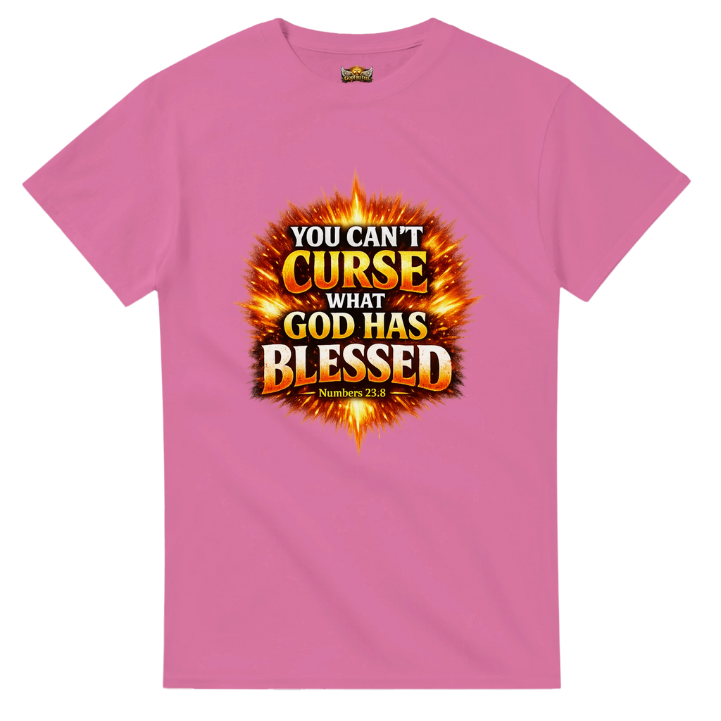 Pink t-shirt with a fiery graphic and text on a white background