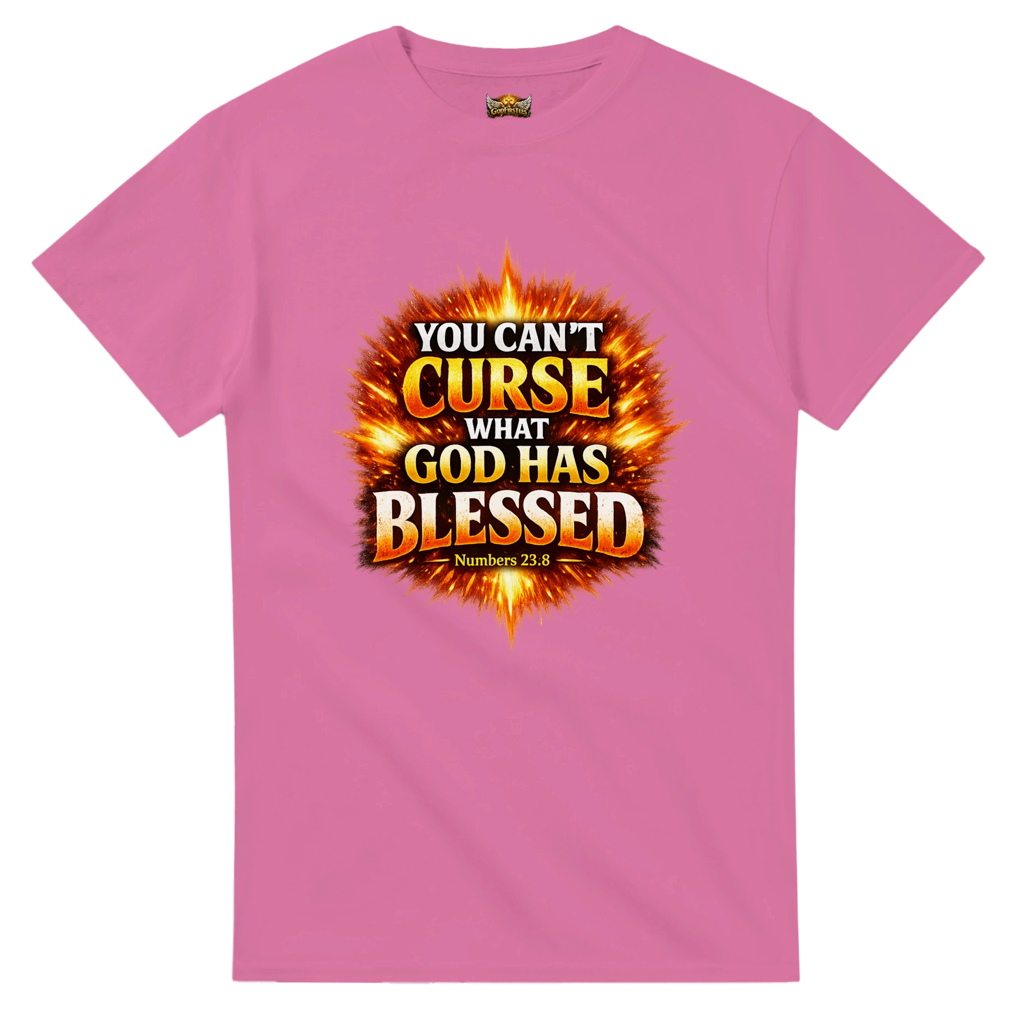 Pink t-shirt with a fiery graphic and text on a white background