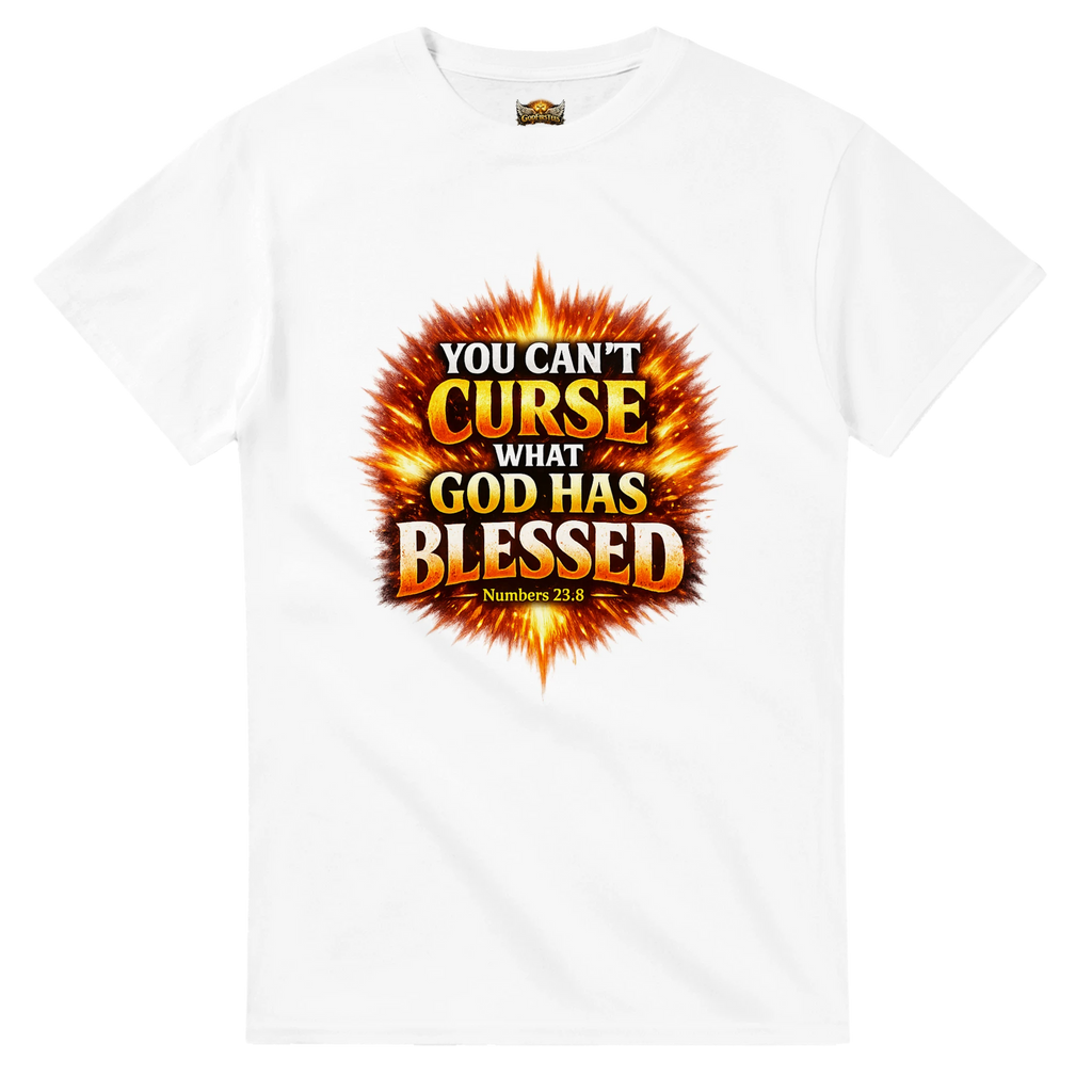 White t-shirt with a fiery graphic and text on a white background