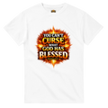 White t-shirt with a fiery graphic and text on a white background