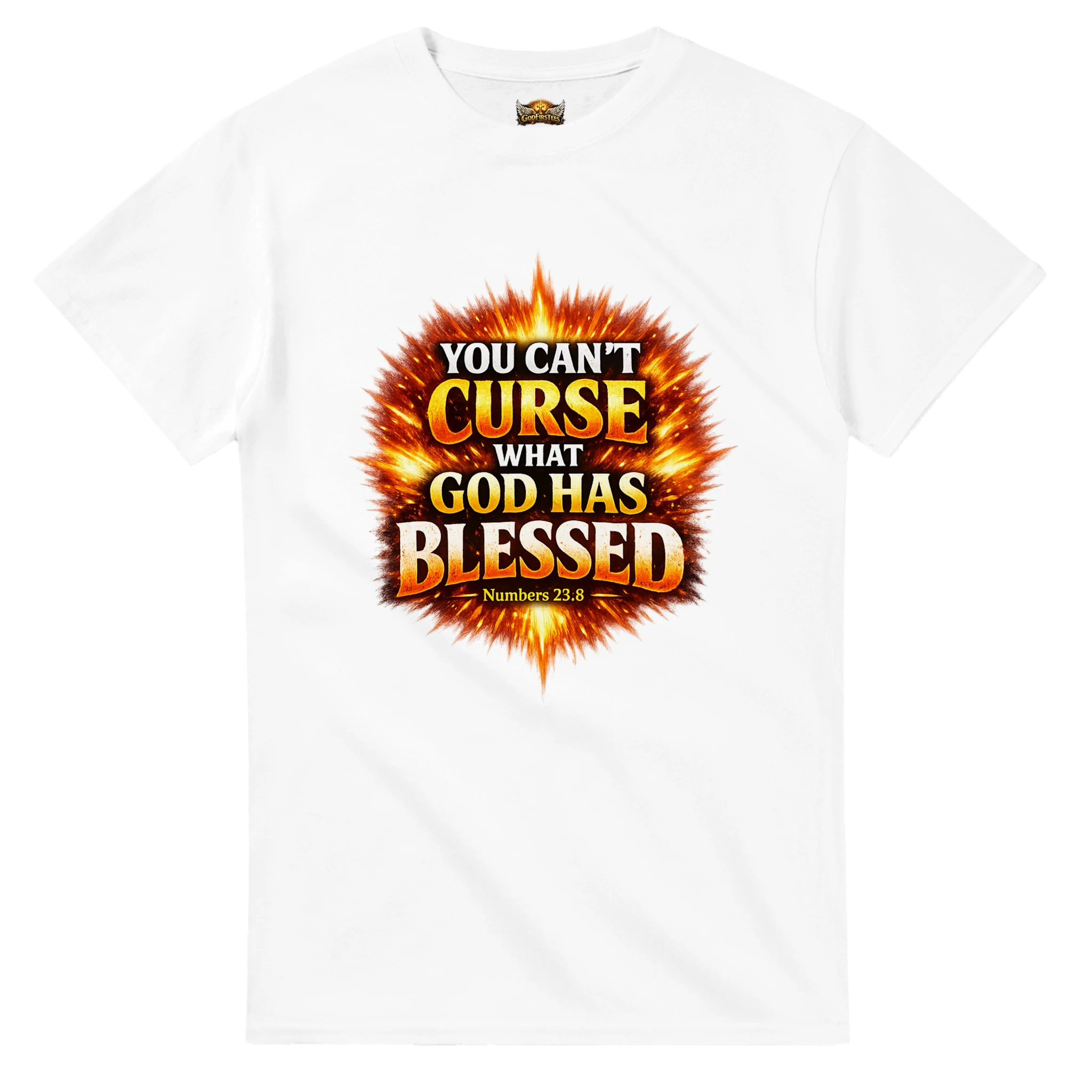 White t-shirt with a fiery graphic and text on a white background